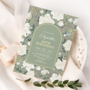 Sage Green Chinoiserie Floral Women 40th Birthday Invitation