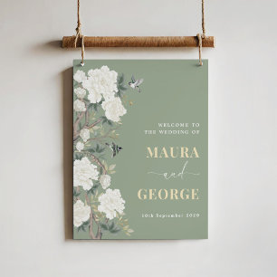 Sage Green Chinoiserie Flower Bird Wedding Welcome Poster