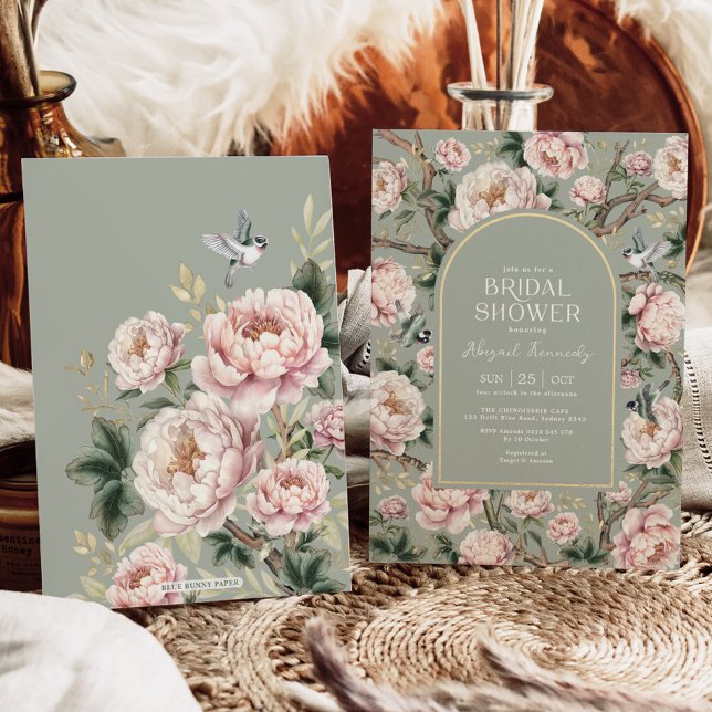 Sage Green Chinoiserie Garden Flower Bridal Shower Invitation (Creator Uploaded)