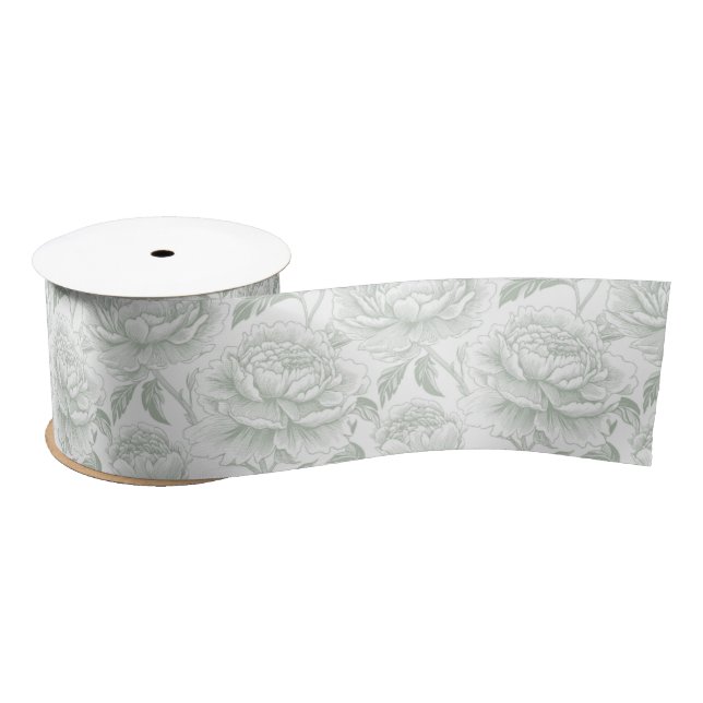 Sage Green Chinoiserie Peonies Satin Ribbon (Spool)
