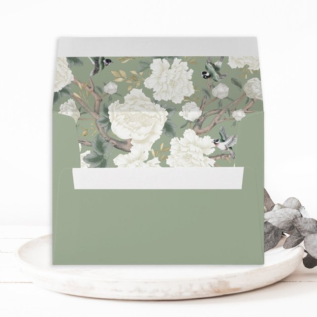 Sage Green Chinoiserie Peony Birds Porcelain Envelope (Creator Uploaded)