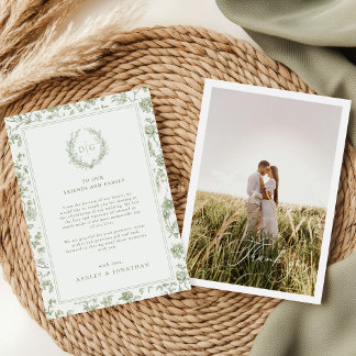 Sage Green Chinoiserie Photo Wedding Thank You Card