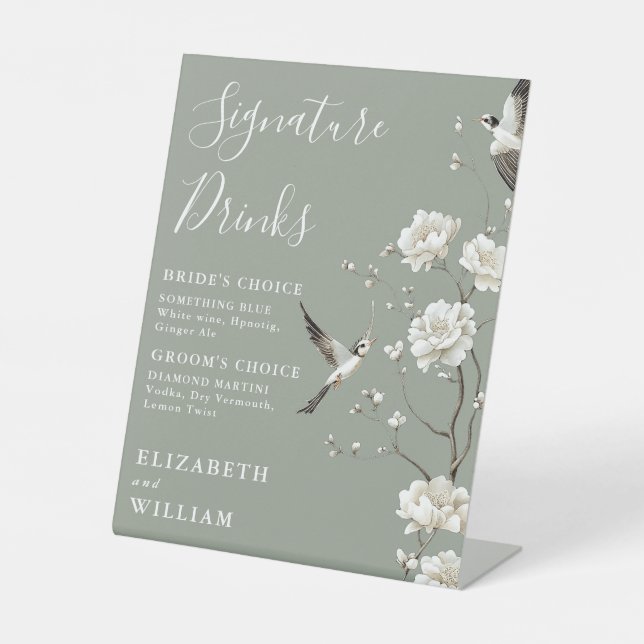 Sage Green Chinoiserie Signature Drinks Wedding Pedestal Sign (Front)