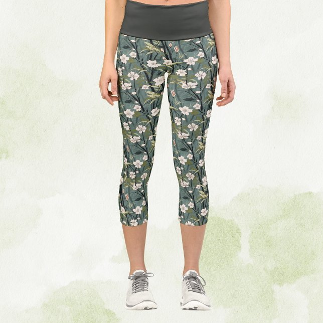 Sage Green Chinoiserie Tropical White Gold Floral Capri Leggings (Creator Uploaded)