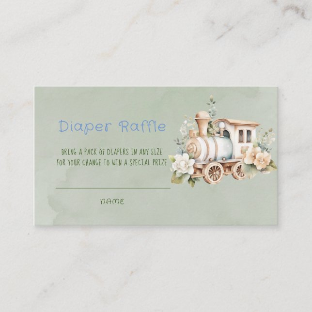 Sage Green Choo Choo Train Diaper Raffle Business Card (Front)