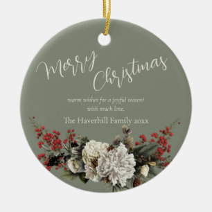 Sage Green Christmas Floral Family Name Modern Ceramic Ornament