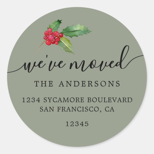 Sage Green Christmas Greenery New Address Home Classic Round Sticker (Front)