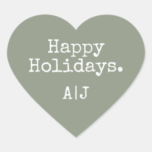 Sage Green Christmas Happy Holidays Initials Heart Sticker