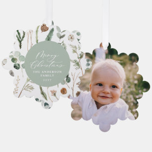 Sage green Christmas minimal botanical photo Tree Decoration Card