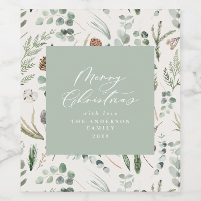 Sage green Christmas minimal elegant botanical Wine Label (Single Label)