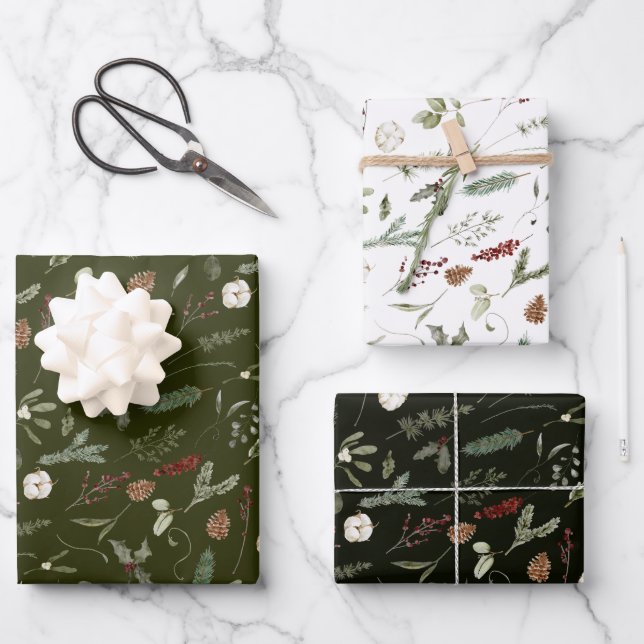 Sage Green Christmas Modern Minimal Botanical Wrapping Paper Sheet (Front)