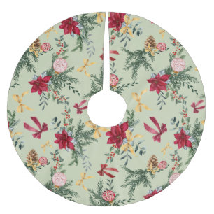 Sage Green Christmas Winter Greenery & Bow Pattern Brushed Polyester Tree Skirt