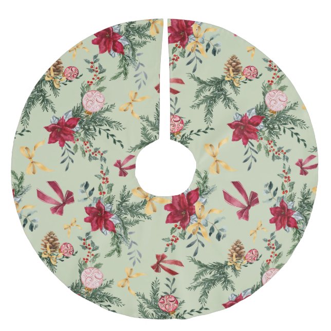 Sage Green Christmas Winter Greenery & Bow Pattern Brushed Polyester Tree Skirt (Front)