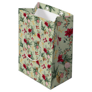 Sage Green Christmas Winter Greenery & Bow Pattern Medium Gift Bag