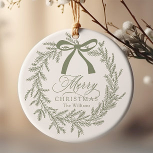 Sage Green Christmas Wreath Holiday  Ceramic Ornament