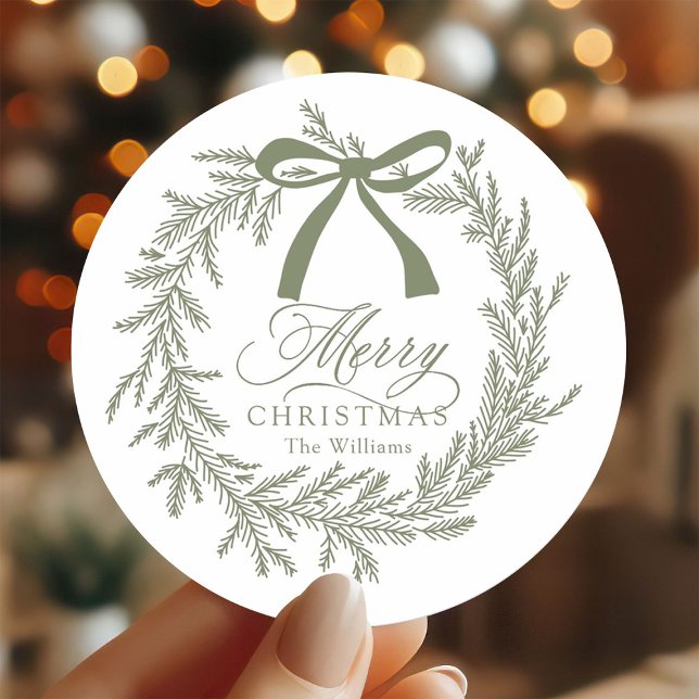 Sage Green Christmas Wreath Holiday Classic Round Sticker (Creator Uploaded)