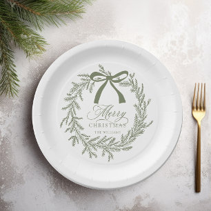 Sage Green Christmas Wreath Holiday  Paper Plate