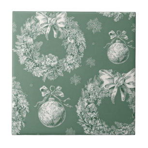 Sage Green Christmas Wreath Toile Ivory Snowflakes Ceramic Tile