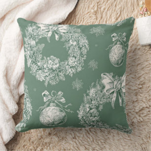Sage Green Christmas Wreath Toile Ivory Snowflakes Cushion