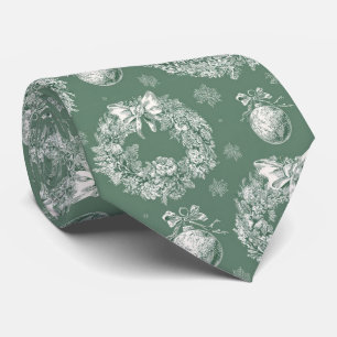 Sage Green Christmas Wreath Toile Ivory Snowflakes Tie