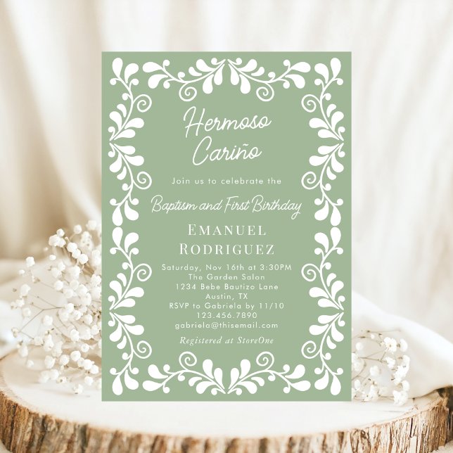 Sage Green Cielito Lindo Baptism & First Birthday Invitation (Creator Uploaded)