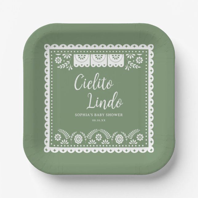 Sage Green Cielito Lindo Talavera Baby Shower Paper Plate (Front)