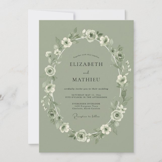 Sage Green Classic Anemone Wedding Invitation (Front)