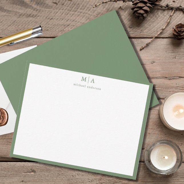Sage Green Classic Border Monogram Correspondence Card (Creator Uploaded)
