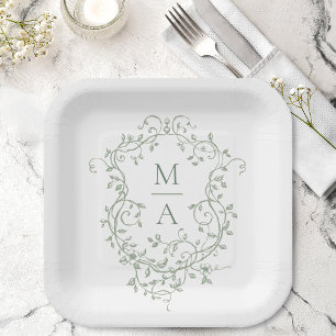 Sage Green Classic Floral Crest Monogram Wedding Paper Plate