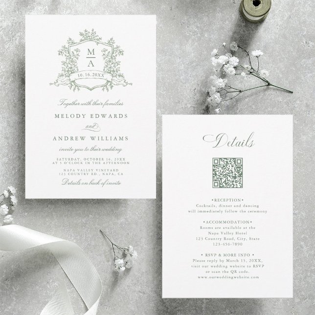 Sage Green Classic Floral Crest Wedding All in One Invitation (Front & Back)