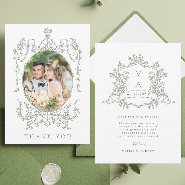 Sage Green Classic Floral Frame Wedding Photo      Thank You Card (Front & Back)