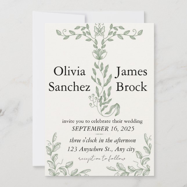 Sage Green Classic Floral Wedding Invitation (Front)
