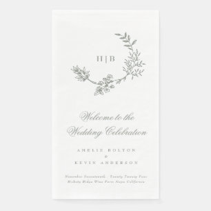 Sage Green Classic Floral Wreath Monogram Wedding Napkin