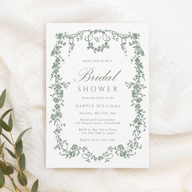Sage Green Classic French Floral Bridal Shower Invitation (Creator Uploaded)