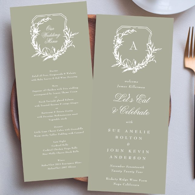sage green classic monogram crest Our Wedding  Menu (Creator Uploaded)