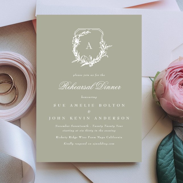 sage green classic monogram crest rehearsal dinner invitation (Creator Uploaded)