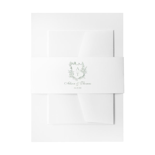 Sage Green Classic Monogram Crest Wedding Invitation Belly Band (Front Example)