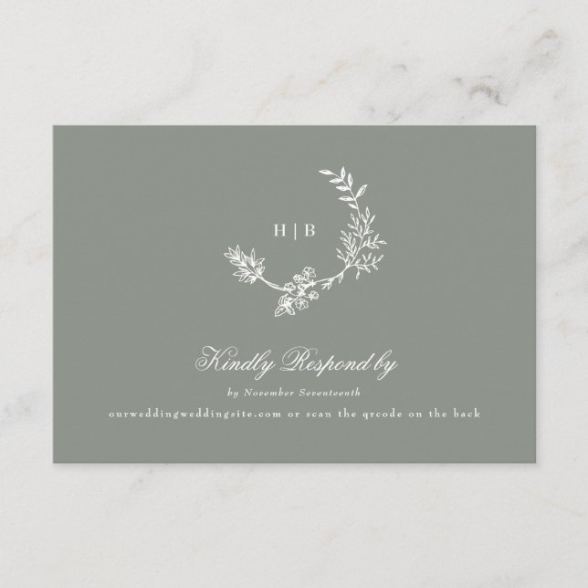Sage Green classic monogram QR CODE wedding wreath RSVP Card (Front)