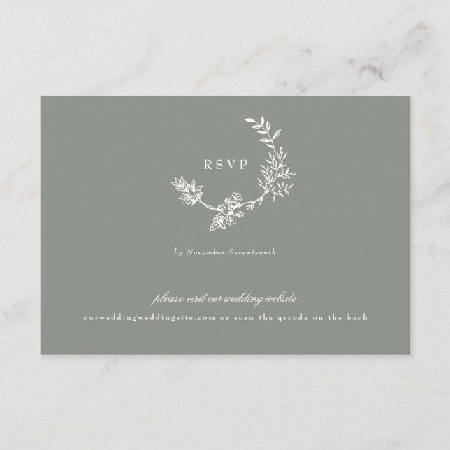 Sage Green classic monogram QR CODE wedding wreath RSVP Card (Front)