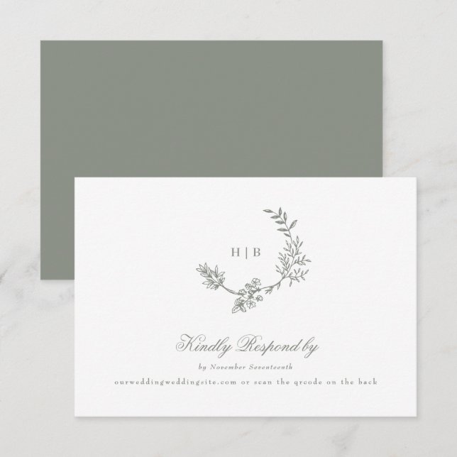 Sage Green classic monogram QR CODE wedding wreath RSVP Card (Front/Back)