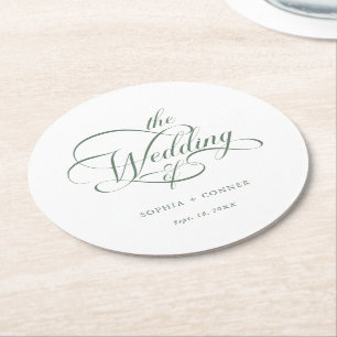 Sage Green Classy Calligraphy Wedding  Round Paper Coaster