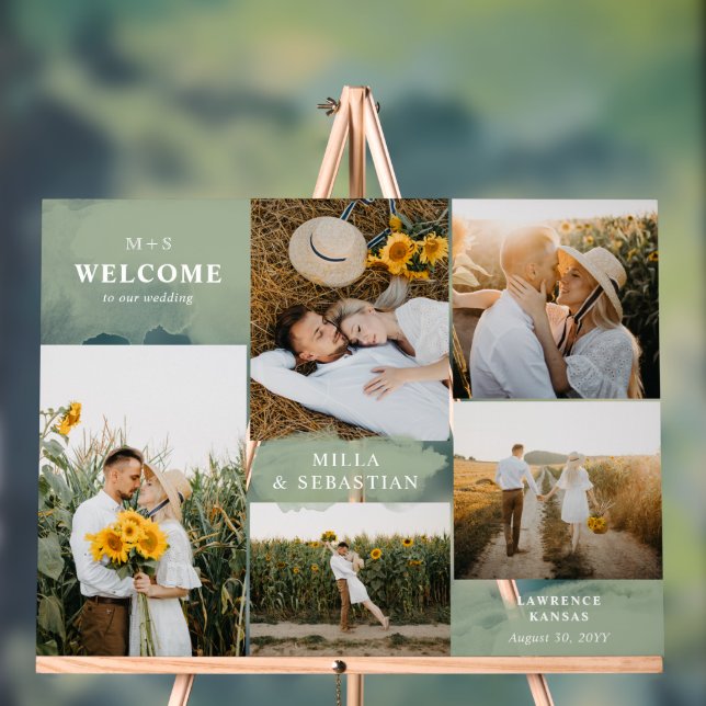 Sage Green Clean Modern & 5 Photos Welcome Acrylic Sign (Neutral)