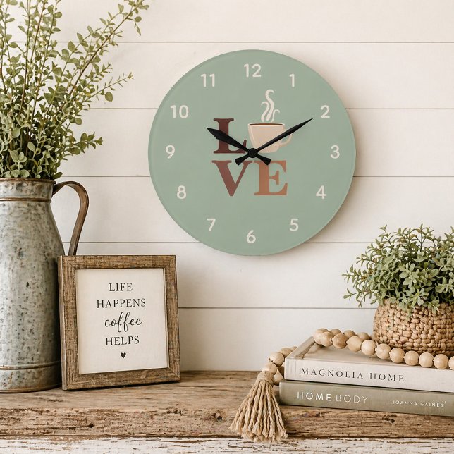 Sage Green Coffee Love Modern Farmhouse Large Clock (Creator Uploaded)