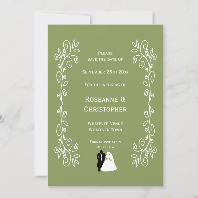 Sage Green Coloured Bride And Groom Design Wedding Save The Date (Front)