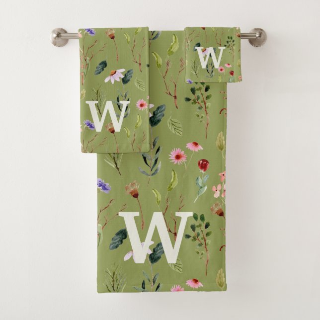 Sage Green, Colourful Floral Personalised Monogram Bath Towel Set (Insitu)