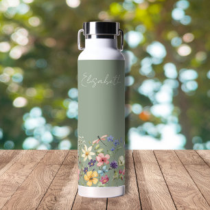  Sage Green Colourful Wildflowers Name Water Bottle