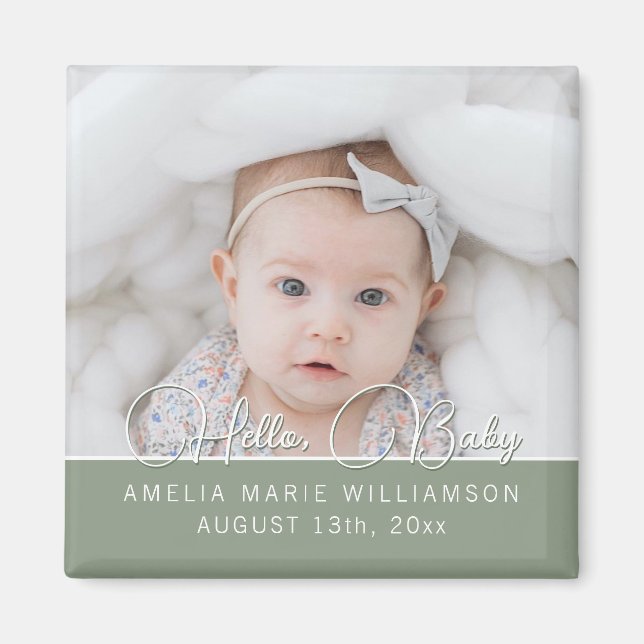 Sage Green Contemporary Script Hello Baby Magnet (Front)