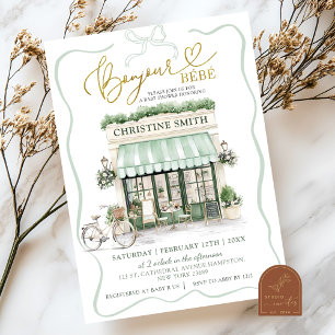 Sage Green Coquette Bow Parisian Cafe Baby Shower  Invitation