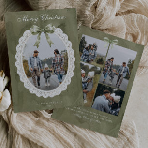 Sage Green Coquette Bow Scalloped Lace Frame Photo Holiday Card