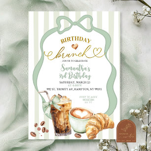 Sage Green Coquette Stripes Birthday Brunch  Invitation
